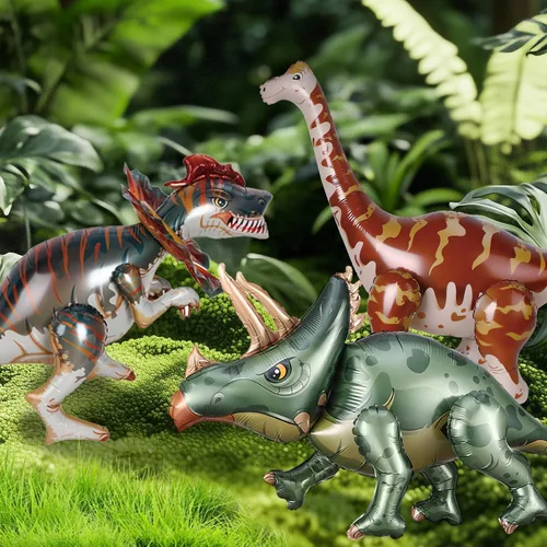 Vista 3 de Globos grandes de dinosaurio de 38 pulgadas, 3 piezas de decoraciones de cumpleaños de dinosaurio autosostenibles. Globos de triceratops