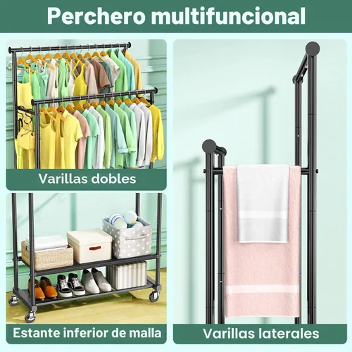 Vista 5 de Perchero de doble barra para colgar ropa, perchero de ropa resistente con ruedas, percheros de ropa independientes con estante inferior Oxford