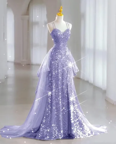 Vista 6 de Vestidos de novia de lentejuelas 2024, vestido largo de baile para mujer, vestido de graduación de tul brillante, vestido de fiesta con abertura