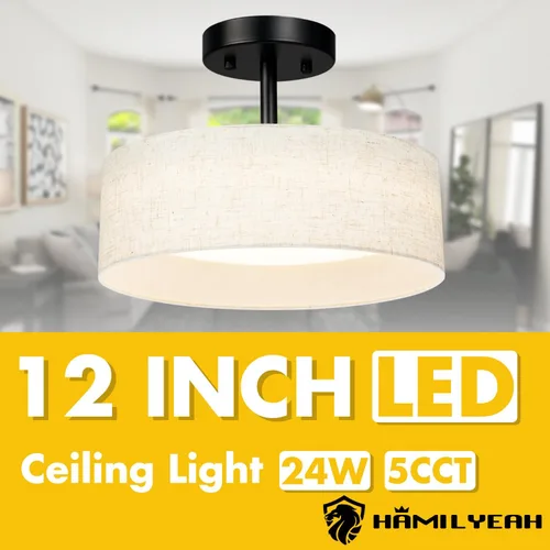 Vista 6 de Hamilyeah Lámpara de techo semiempotrada con pantalla de tela blanca, lámparas LED de 12 pulgadas para montaje en techo, lámpara de techo LED