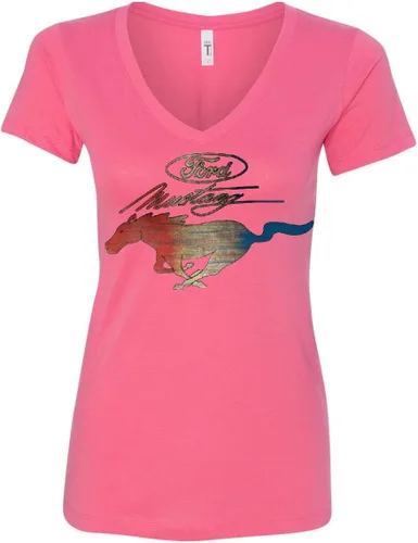 Vista 2 de Ford Mustang Logo Camiseta con cuello en V para mujer GT Shelby Cobra Boss 302 Muscle Tee