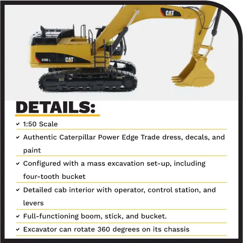Vista 4 de Diecast Masters Excavadora Caterpillar 374D L 1:50 High Line Series Cat Trucks y equipo de construcción Modelo a escala 1:50 coleccionable