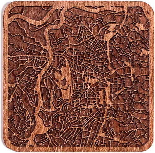 Vista 114 de Posavasos Amsterdam Map by O3 Design Studio, 1 pieza, posavasos de madera Sapele con mapa de la ciudad, hecho a mano, varias ciudades opcionales