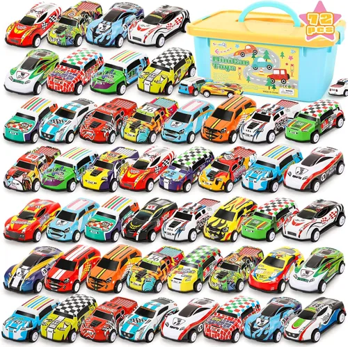 Vista 8 de SevenQ Coches de juguete para niños con caja de almacenamiento, 67 unidades de autos de carreras a granel, juguetes de caja del tesoro para el aula