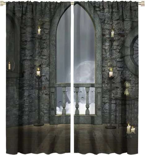 Vista 43 de Cortinas góticas con diseño de luna de Halloween, historia, puerta espeluznante, fondo de terror, vela, ficción, patrón de impresión, sala de estar