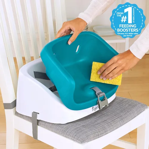 Vista 3 de Asiento elevador SmartClean Toddler Booster de Ingenuity para mesa de comedor con correas de arnés de 3 puntos, azul pavo real