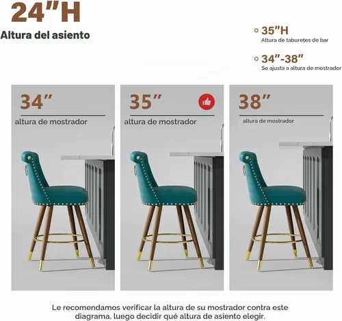 Vista 3 de SeekFancy Juego de 4 taburetes de bar de altura de mostrador, taburetes de bar giratorios de 360°, taburetes de bar tapizados de terciopelo