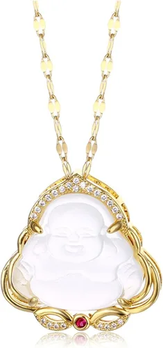 Vista 2 de Juego de 2 collares con dije de Buda de la suerte que ríe, cadena ajustable de eslabones de acero inoxidable, collar budista de cuentas de circonita