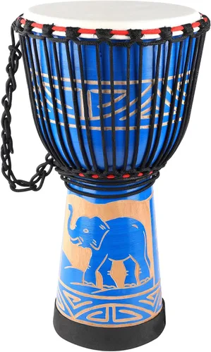 Vista 9 de LIEKE Djembe - Tambor africano de 10 x 20 pulgadas, cabeza de cabra caoba, pintado a mano, patrón pintado a mano, para adultos principiantes (azul)