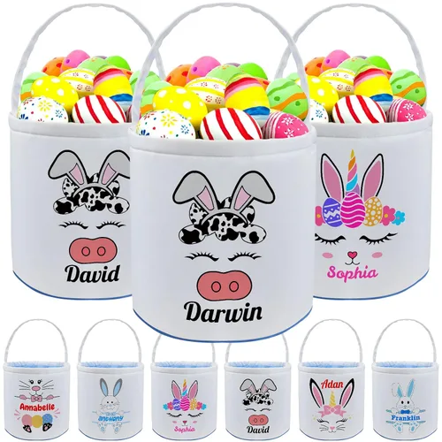 Vista 23 de Cesta de Pascua personalizada con nombre para niños, lona personalizada, cubo de Pascua, regalo para niños y niñas