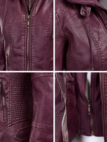 Vista 4 de Chaqueta Made By Johnny MBJ de piel sintética, estilo motociclista, con capucha, para mujer