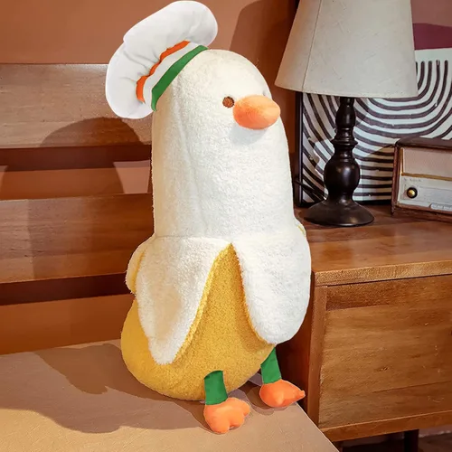 Vista 5 de PEACH CAT Lindo Pato de Plátano Peluche Animal de Peluche Pato Chef de Plátano Largo Almohada de Felpa para Niñas y Niños Blanco 12 pulgadas