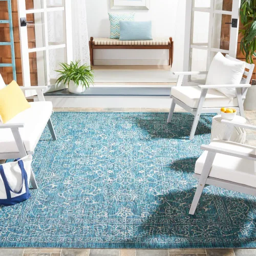 Vista 76 de SAFAVIEH Alfombra lavable al aire libre, colección Courtyard - 2'3" x 5', azul aguamarina y gris, no desprende pelusa y fácil limpieza, ideal