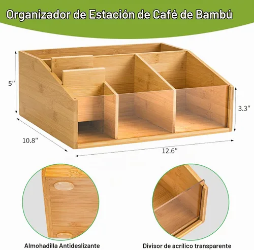 Vista 2 de Organizador de estación de café de bambú para encimera, organizador de accesorios de barra de café con 6 compartimentos para bolsas de té