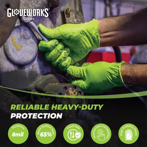 Vista 2 de GLOVEWORKS Guantes verdes HD, desechables de 8 mil, agarre de diamante elevado resistente, sin látex, guante mecánico, mediano, 2 cajas de 100