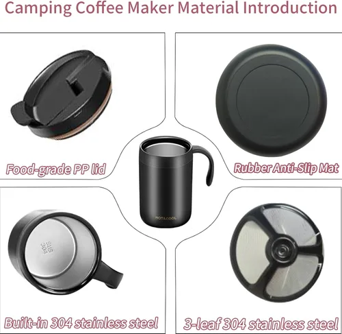 Vista 3 de Juego de cafetera de campamento de 16.5 onzas, cafetera portátil de acero inoxidable 304, cafetera de camping para exteriores, viajes, hogar