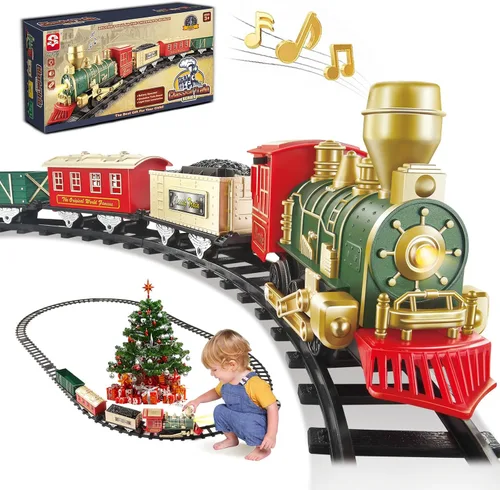 Vista 9 de Juego de tren eléctrico clásico para niños de 3 a 8 años con luces y sonidos, tren de juguete a pilas con locomotora, autos y pistas, ferrocarril