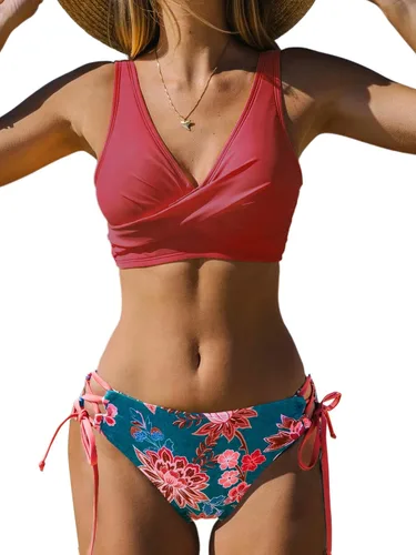 Vista 17 de CUPSHE - Bikini para mujer - Traje de baño de dos piezas con estampado floral y tiras. Negro