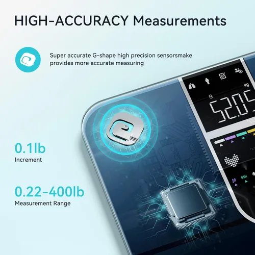 Vista 4 de Báscula inteligente para peso corporal, pantalla doble, báscula digital de baño de alta precisión, analiza 17 métricas de composición corporal