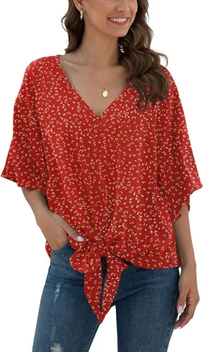 Vista 2 de VIISHOW Blusas de gasa con lazo frontal para mujer, cuello en V, manga corta de murciélago, blusas florales de verano