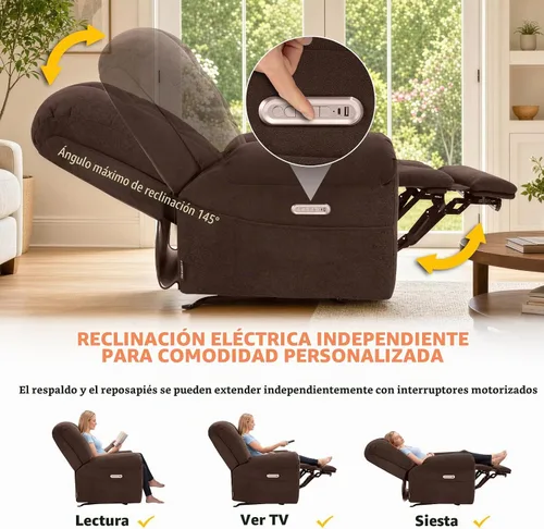 Vista 6 de EONIX - Mecedora reclinable de doble motor con calor y masaje, color café