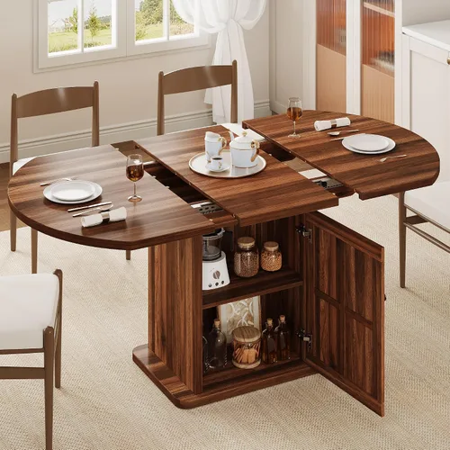 Vista 10 de iPormis Mesa de Comedor Redonda Extensible para 4-6, Mesa de Cocina Moderna de 59'', con Estante de Almacenamiento de 2 Niveles, Puerta de Madera