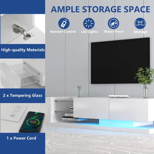 Vista 3 de Linique Soporte de TV multifuncional con luz LED, sistema de música, 2 puertos USB y 2 salidas de CA, moderno centro de entretenimiento con 2