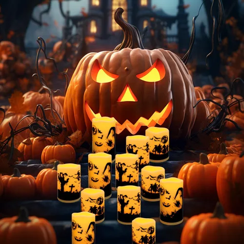 Vista 5 de fclayvts Paquete de 12 Velas de Pilar LED Sin Llama de Halloween - Funcionan con Baterías con Control Remoto y Temporizador, Luz Cálida Parpadeante