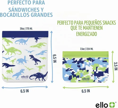 Vista 5 de Ello 4 Pack Reusable Food Storage Bags, Resealable BPA-Free, Food-Safe PEVA, Feezer Safe and Leak-Proof Dino/Camo