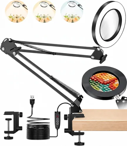 Vista 7 de TANYO 10X Magnifying Glass with Light, LED Magnifier Light with Clamp 5 Color Modes, Stepless Dimmable, Real Glass Lens, Hands Free, Close Work