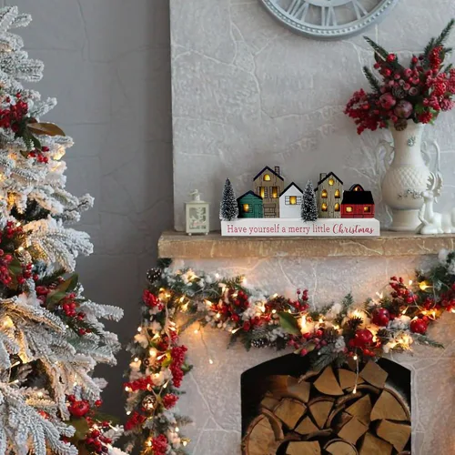 Vista 7 de Decoraciones de Navidad para el hogar, decoración de árbol de Navidad con temporizador de madera rústica de madera, bloque de mesa de granja