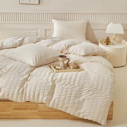 Vista 9 de WARMDERN - Juego de funda de edredón tamaño Queen, juego de ropa de cama de 3 piezas de microfibra lavada color beige, funda de edredón con textura