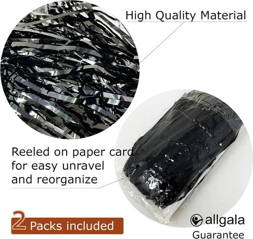 Vista 2 de allgala Faldones de mesa de oropel negro, paquete de 2 faldas de mesa de 29 x 108 pulgadas con flecos metálicos para fiestas, eventos, desfiles