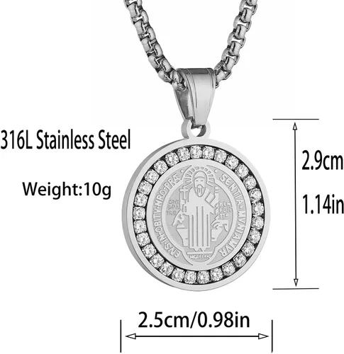 Vista 2 de STWTR Collar de medalla de San Benito de acero inoxidable, medalla del sacramento cristiano, joyería anti-mal, regalos católicos para hombres
