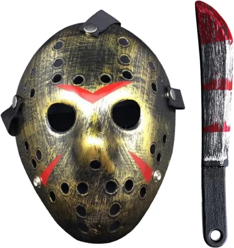 Vista 9 de JOYFISCO Máscara de Halloween machete de hockey de terror para Halloween, fiesta de máscaras, cosplay, disfraz Negro1