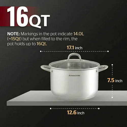 Vista 2 de Sunhouse: Olla de acero inoxidable – 16 cuartos de galón – Tapa de vidrio templado, parte inferior de 3 capas, sopa, pasta-alimentos, hervir a fuego
