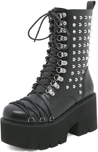 Vista 8 de mikarka Platform Boots for Women - Womens Combat Boots with Chain Design 1-negro