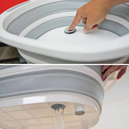 Vista 4 de Fregadero de cocina plegable, tabla de cortar portátil 2 en 1 y cesta plegable con drenaje, lavabo multiusos, gris y blanco