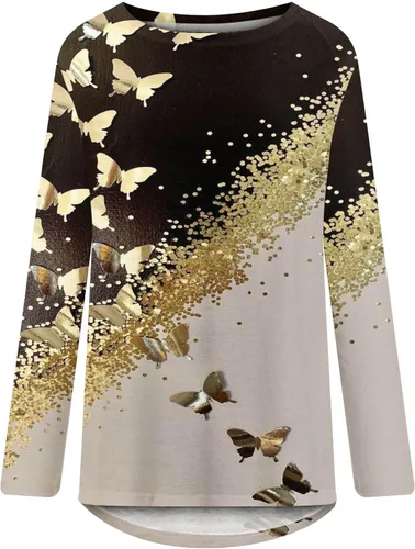 Vista 4 de Blusas de talla grande para mujer, túnica de manga larga con cuello redondo, ajuste holgado, blusa larga con vuelo