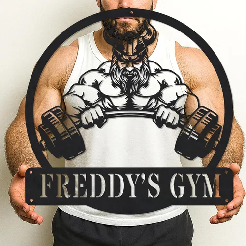 Vista 24 de Cartel de metal personalizado para gimnasio con nombre, arte de pared para sala de entrenamiento en casa, garaje, espacio de fitness, decoración