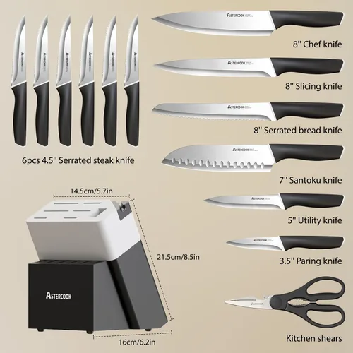Vista 4 de Astercook Juego de cuchillos, cuchillos de cocina con bloque y afilador, revestimiento de cerámica, 15 unidades, cuchillos alemanes de acero