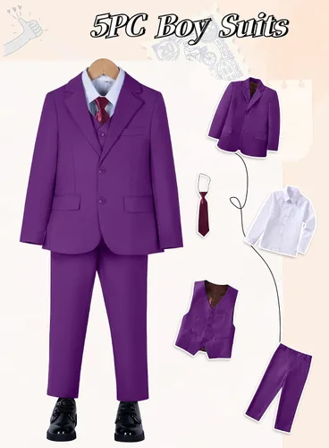Vista 2 de Traje para niños pequeños, esmoquin de ajuste delgado, traje de portador de anillo de boda para niños, Fucsia