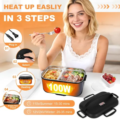 Vista 4 de Fiambrera eléctrica calentador de alimentos 1.8L - 100W Control mecánico de temperatura para adultos, 12V/24V/110V Fiambrera de calentamiento rápido