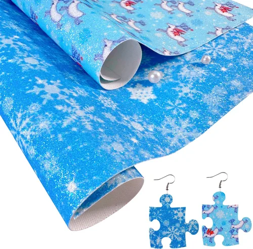 Vista 4 de Sábanas de piel sintética con estampado de copos de nieve de Navidad, 8 x 12 pulgadas, tela brillante con purpurina fina para lazos, manualidades