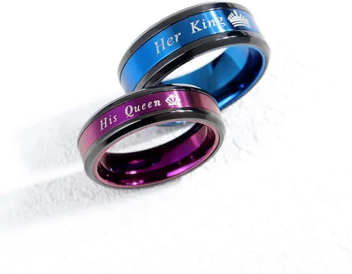 Vista 5 de Juego de 2 anillos a juego para parejas de rey y reina, anillos de compromiso de acero inoxidable
