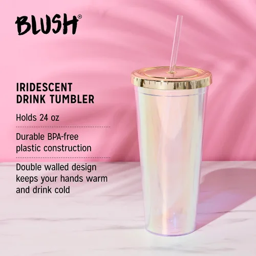 Vista 2 de Blush Lindo vaso iridiscente para bebida, reutilizable, a prueba de fugas, para viajes, plástico transparente, delgado, taza de café helado