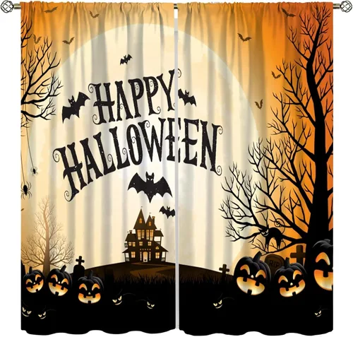 Vista 10 de Cortinas de Halloween naranja y negro de telaraña para sala de estar y dormitorio, decoración de panel de cortina de puerta para decoración