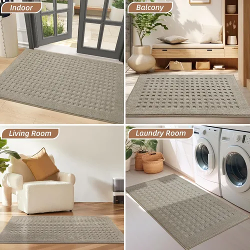 Vista 8 de BEQHAUSE Tapetes para puerta de 20 x 32 pulgadas, tapete antideslizante de punto gofre, de perfil bajo, resistente a la suciedad y absorbente, Beige