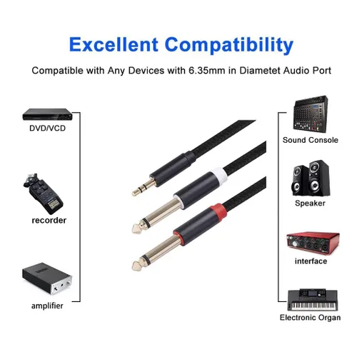 Vista 4 de Cable de audio mono TS de 0.138 in a doble 1/4 de 1/8 a 0.250 in, divisor en Y, compatible con iPhone, iPod, tarjeta de sonido de computadora