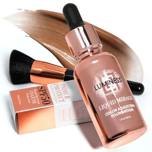 Vista 10 de LUMINESS Kit de 3 piezas Liquid Mirage - Base con cambio de color con SPF 50, pincel de maquillaje y primer hidratante y ligero para el rostro, base